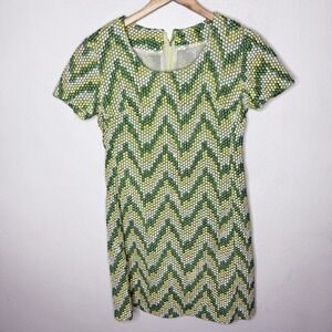 Vintage Green Yellow Short‎ Sleeve Mini Dress 60s Mod Groovy Zip Zag Embroidered